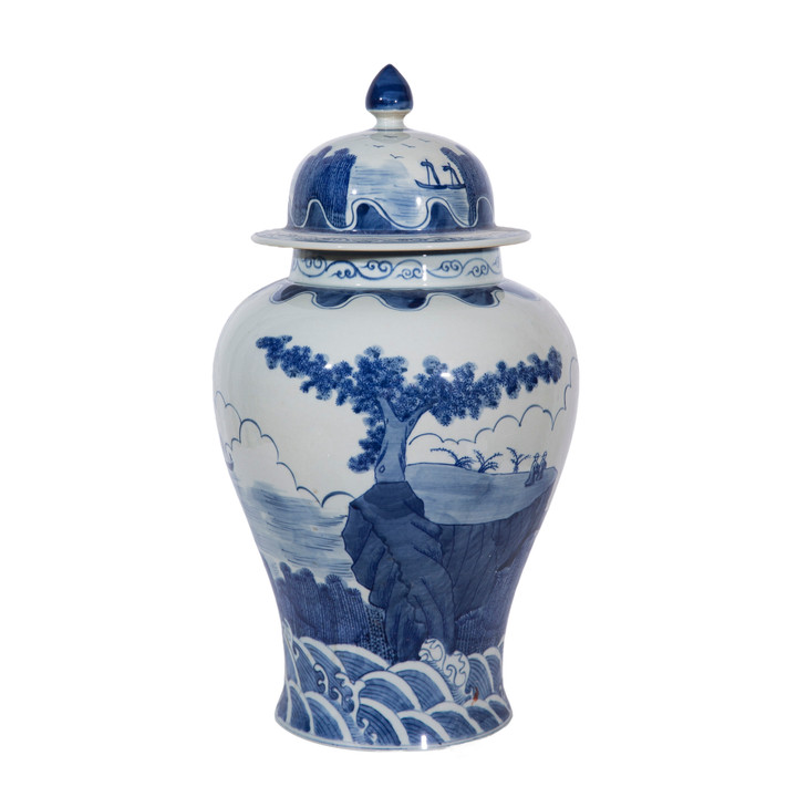 Blue And White Sail Boat Temple Jar