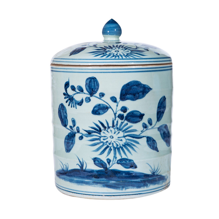 Blue White Leaf Petal Ribbed Tea Jar