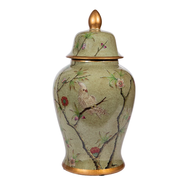 Green Gilt Parrot Temple Jar