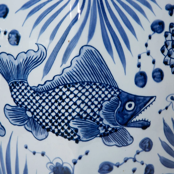Hexagonal Blue & White Fish Motif Garden Stool