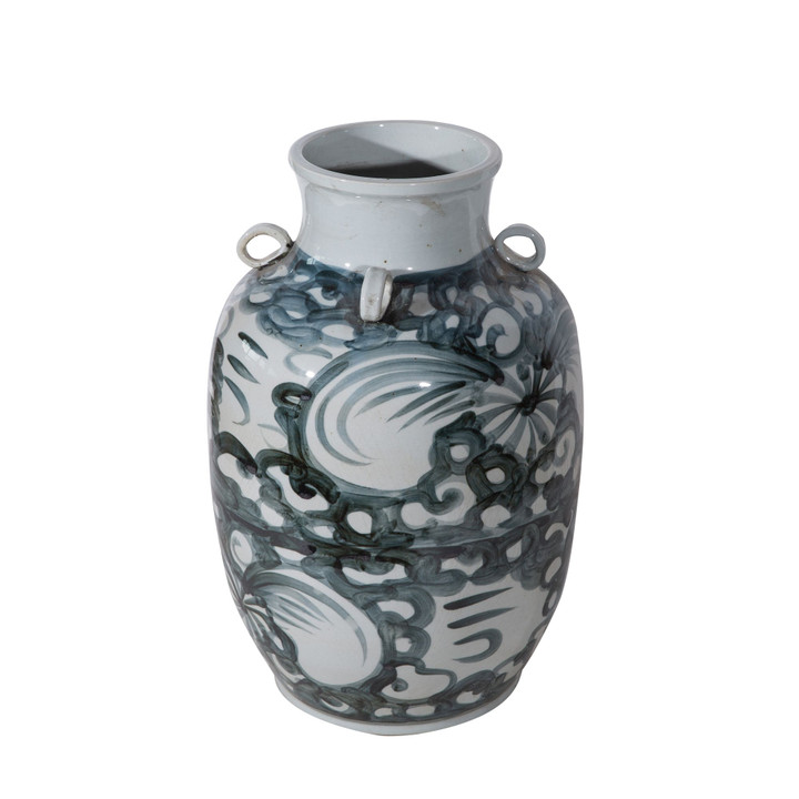 Yuan Blue And White Four Loop Handle Jar Twisted Flower Motif