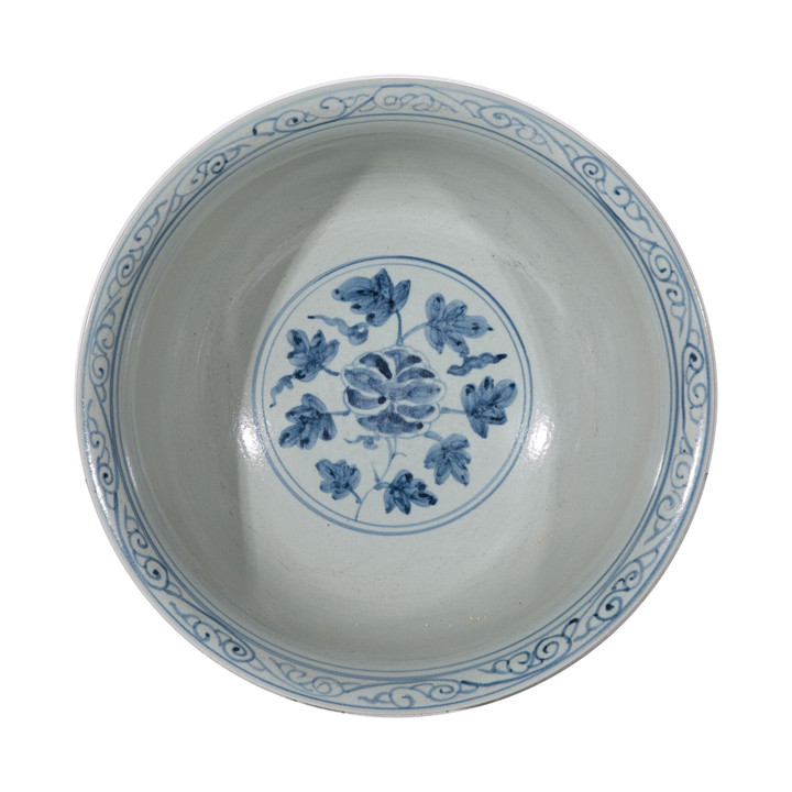 Yuan Blue And White Crane Mortif Serving Bowl Tall Base