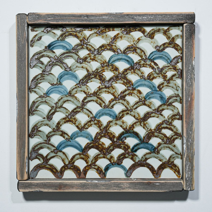 Hand Painted Brown & White Porcelain Tile Dragon Scale - Framed /12F02A