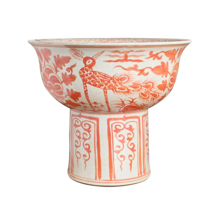 Yuan Coral Red And White Crane.. Mortif Serving Bowl Tall Base