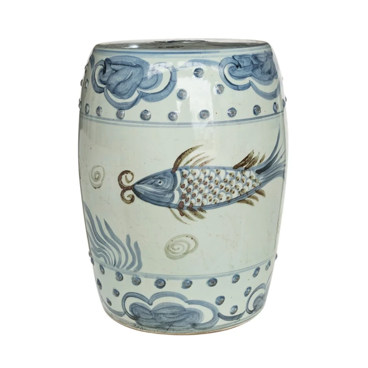 Barclay Butera Couture Blue & White.. Porcelain Garden Stool Splashing Koi