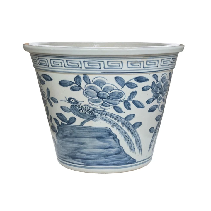 Barclay Butera Couture Blue & White.. Porcelain Planter Floral Bird Motif