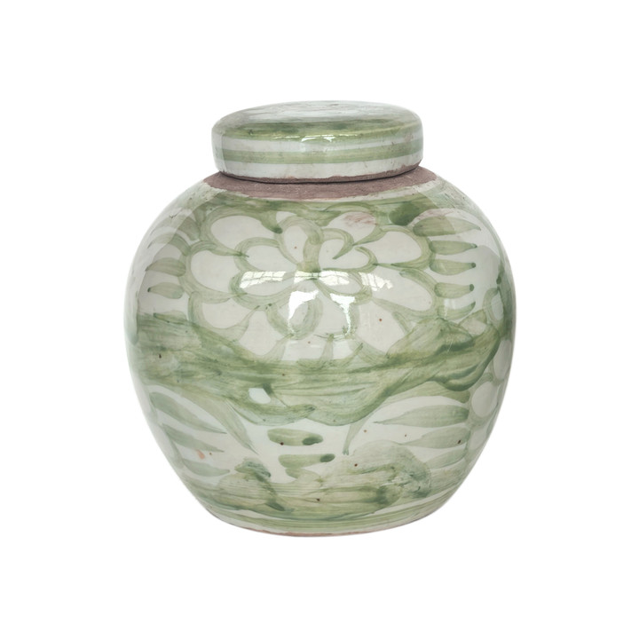 Green & White Porcelain Mini Jar Sea Flower Motif