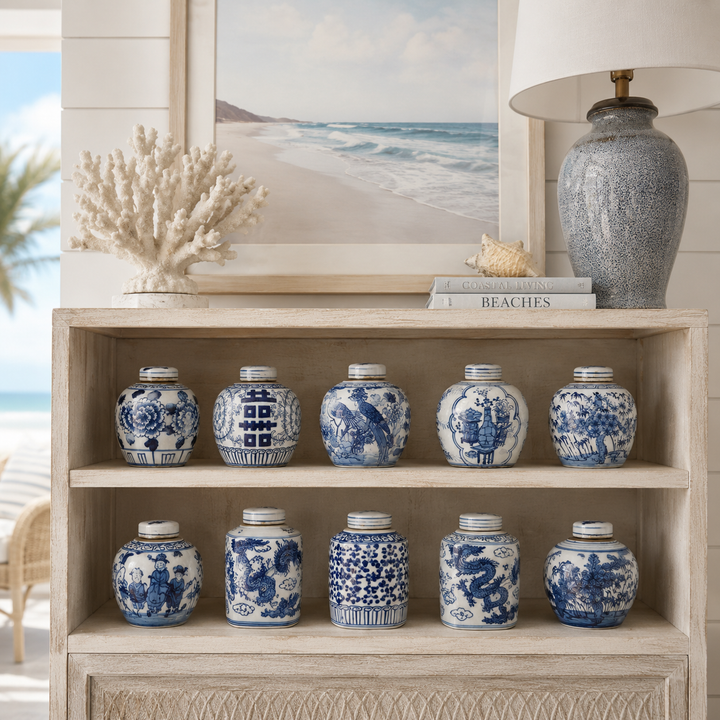 Set of 8 Assorted Blue & White Porcelain Mini Jars