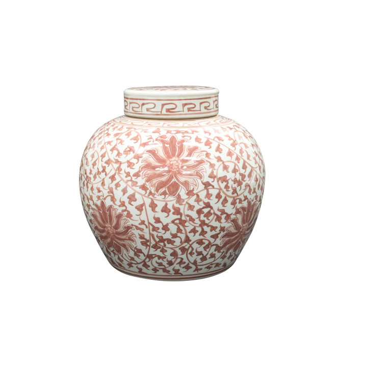 Lillian August Porcelain Ming Jar Coral Red Twixted Lotus Motif