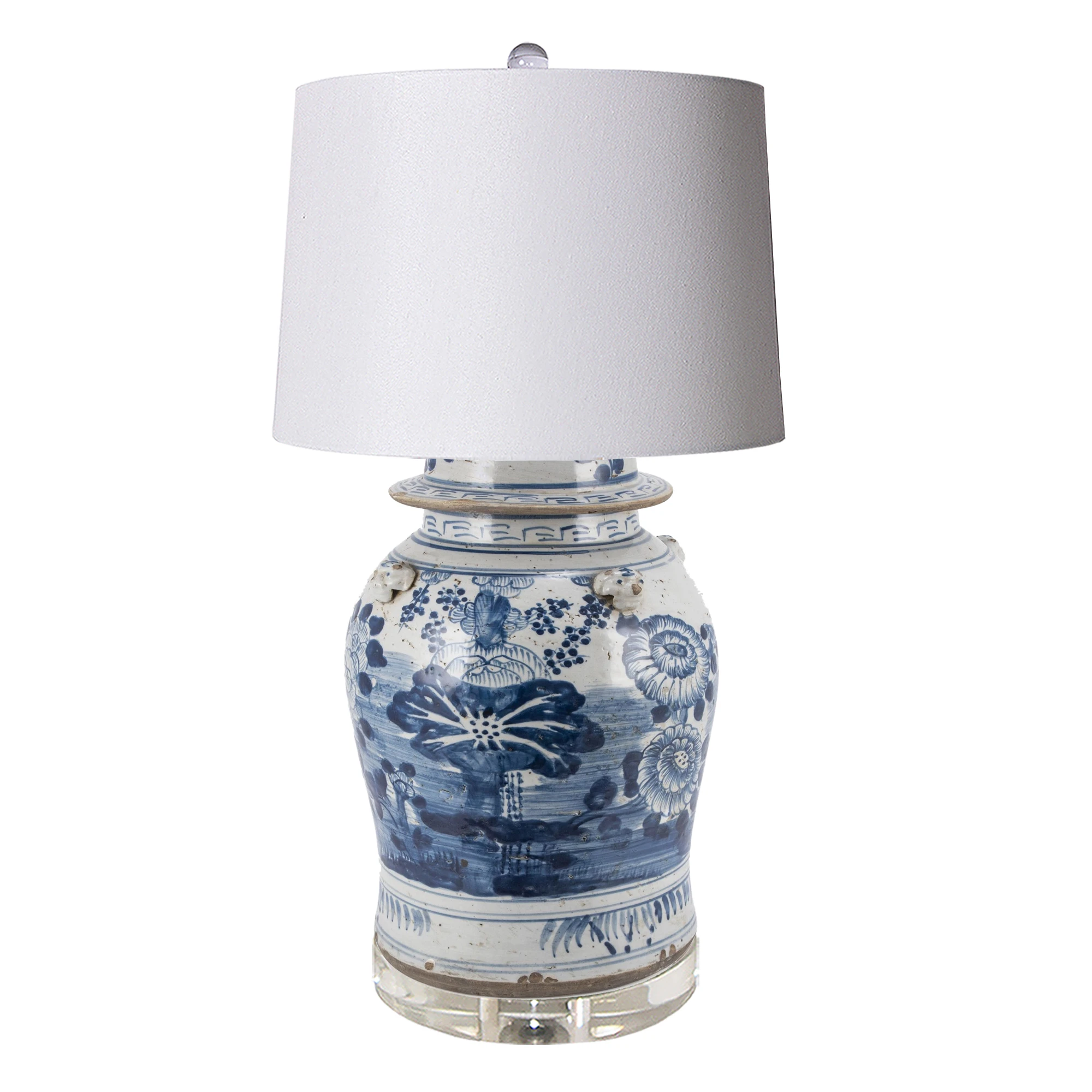 Blue & White Vintage Four Season Plants Porcelain Temple Jar Lamp Acrylic Base 2 Sizes