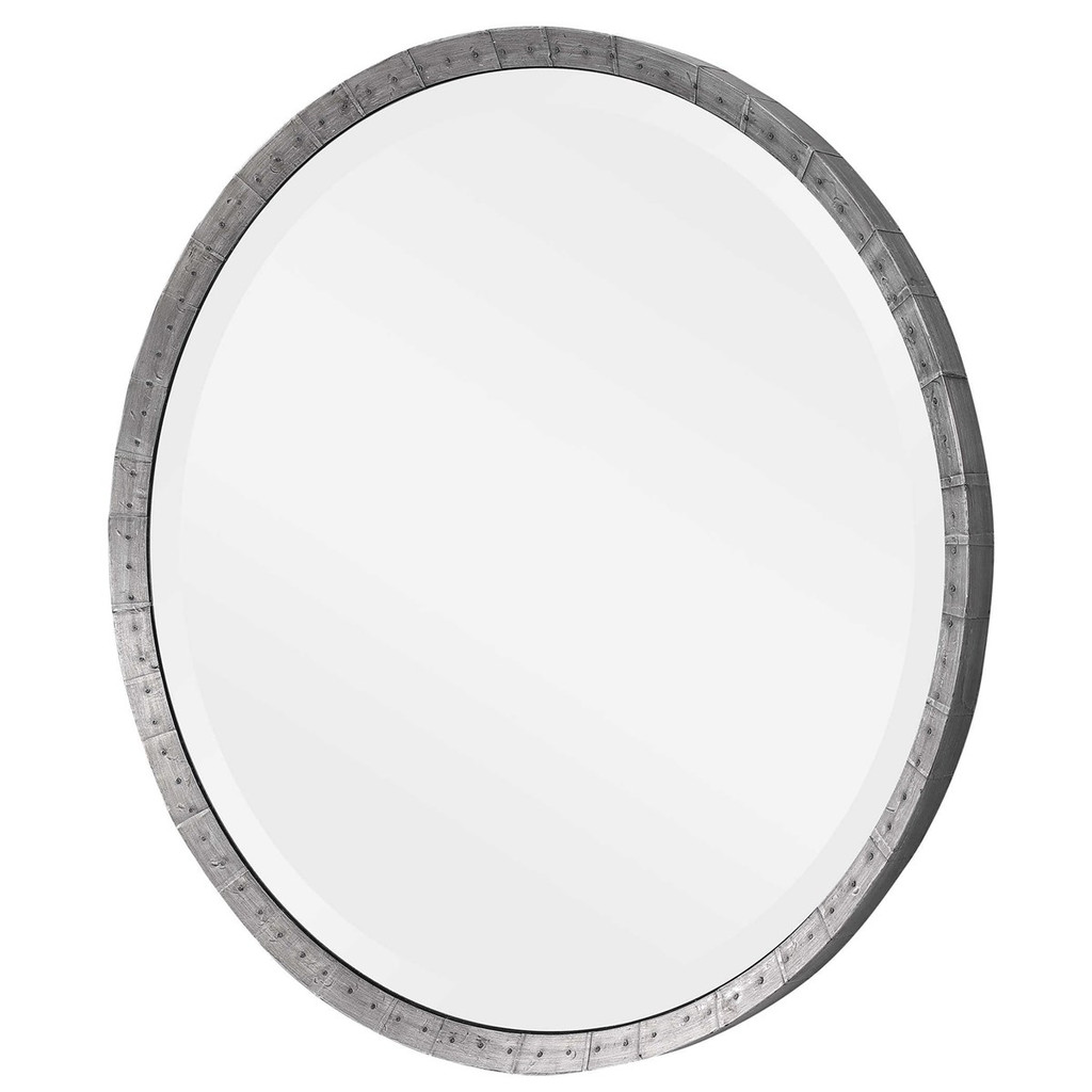 uttermost bartow steel grey industrial style rustic round wall mirror nailheads