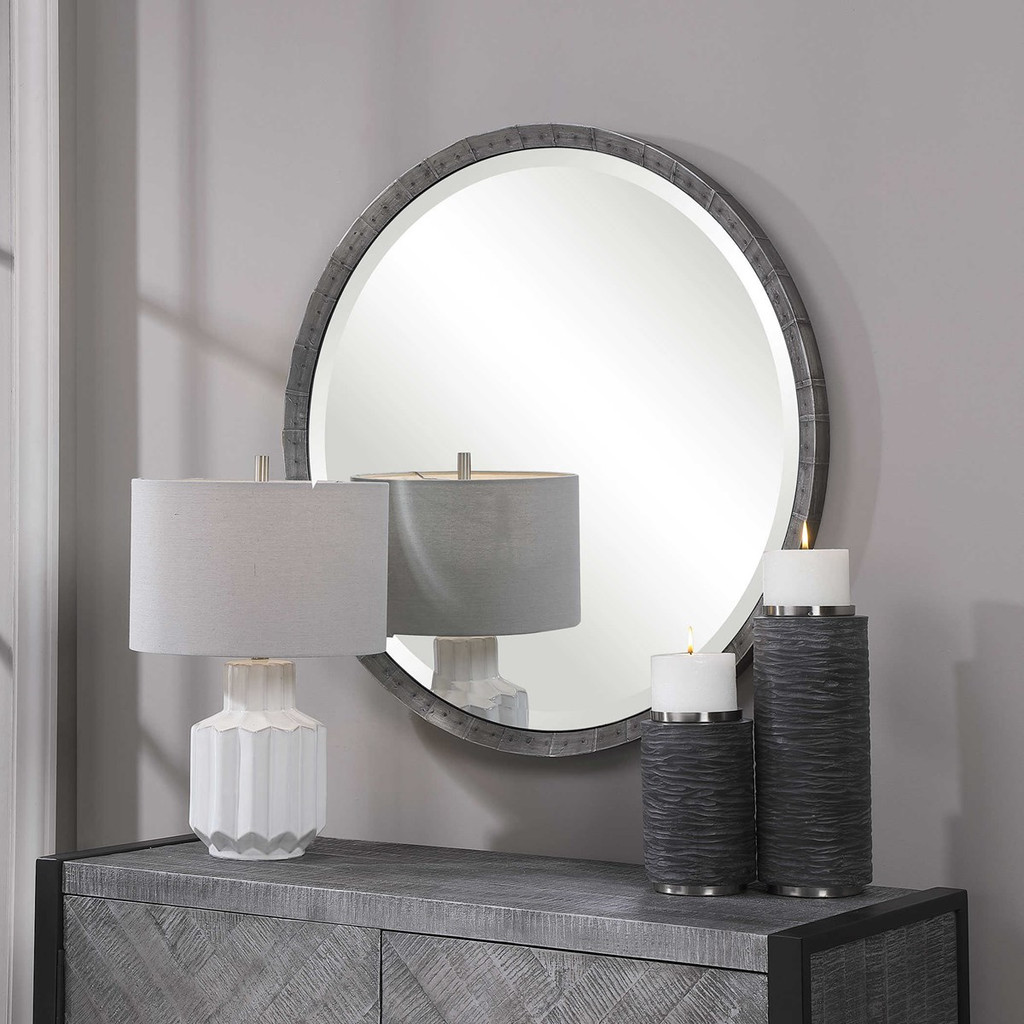 uttermost bartow steel grey industrial style rustic round wall mirror rivets