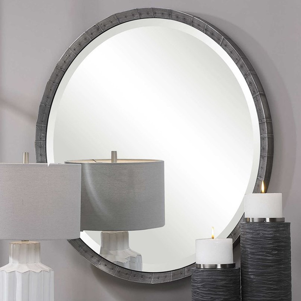 uttermost bartow steel grey industrial style rustic round wall mirror farm