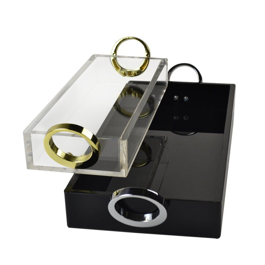 rojo 16 clear acrylic lucite tray gold ring pull handles modern black chrome