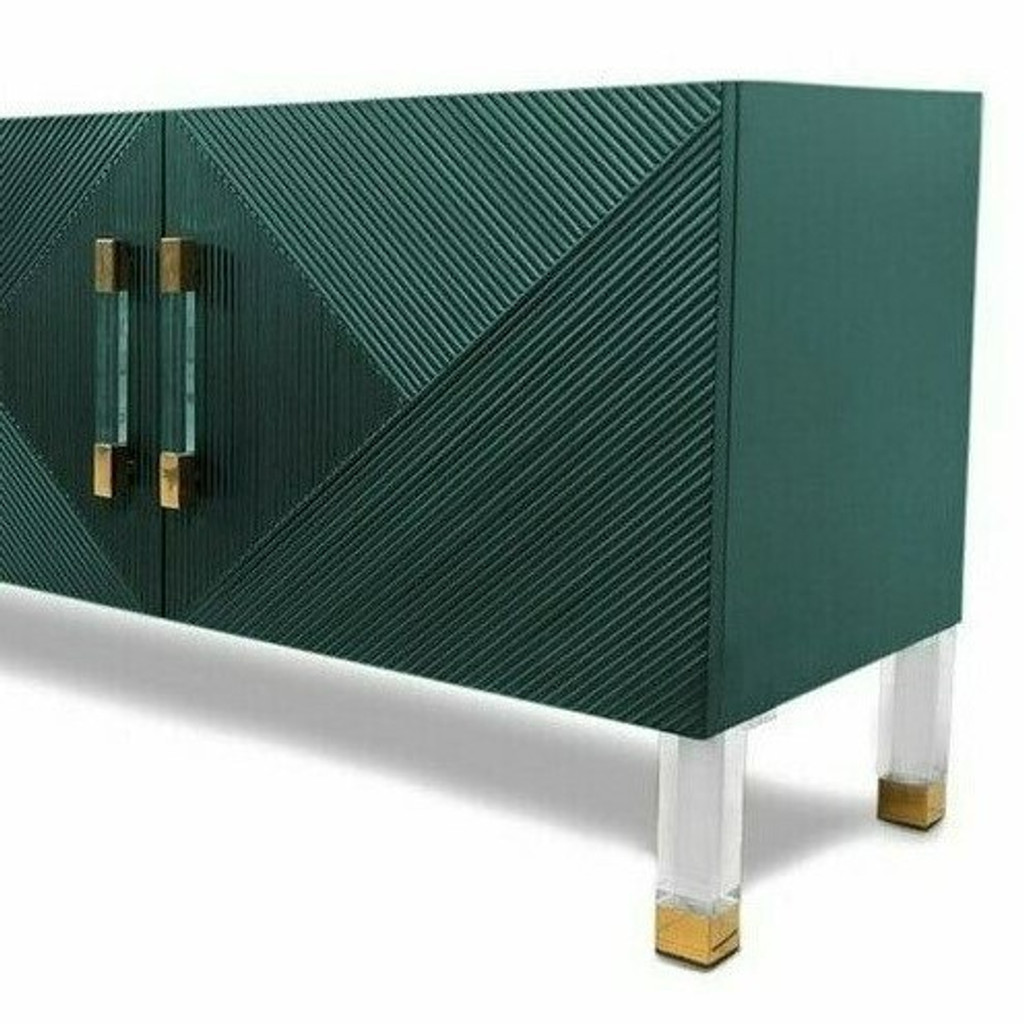 Green 4 Door Ribbed Credenza with Lucite Hardware