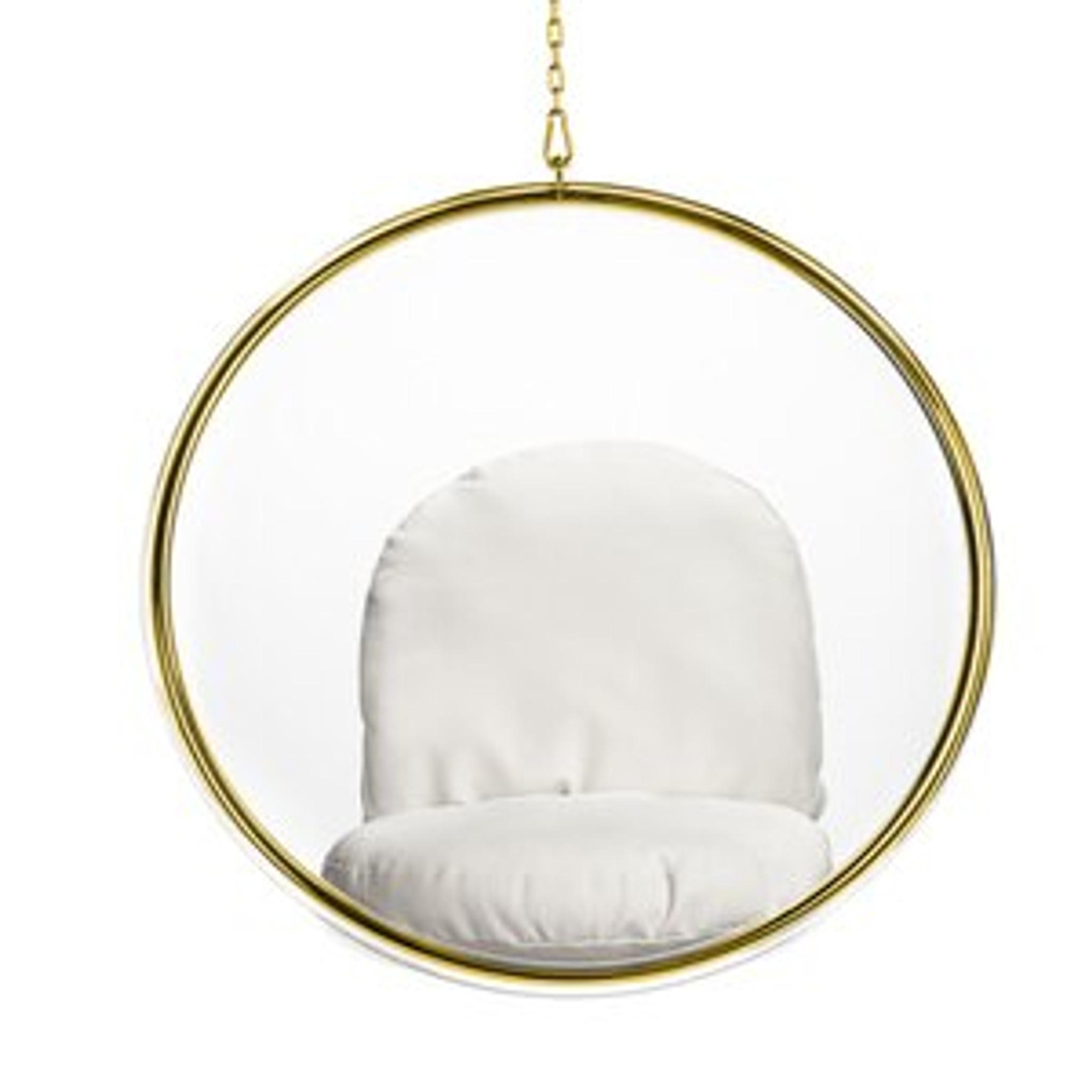 gold trim hanging bubble chair with white cushion set clear acrylic lucite plastic