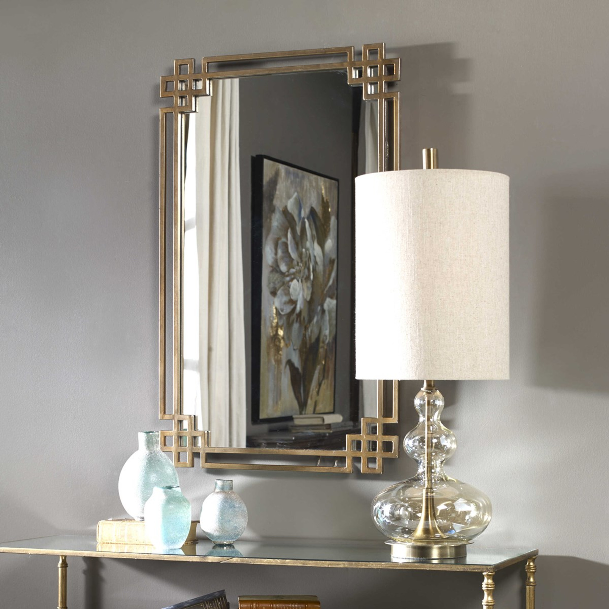 uttermost devoll gold leaf tall greek key foyer bathroom mirror