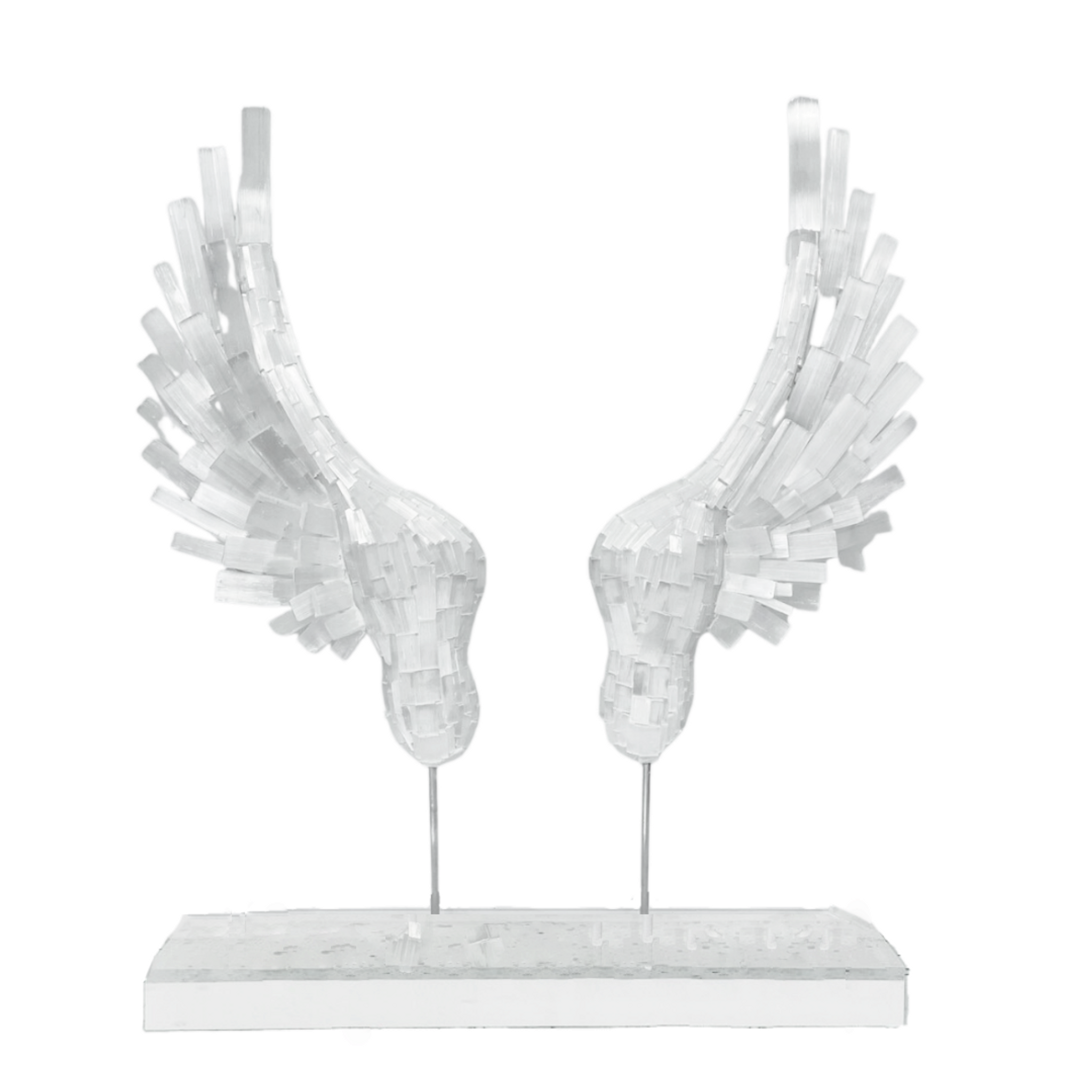Selenite Crystal Angel Wings on Clear Pedestal Base