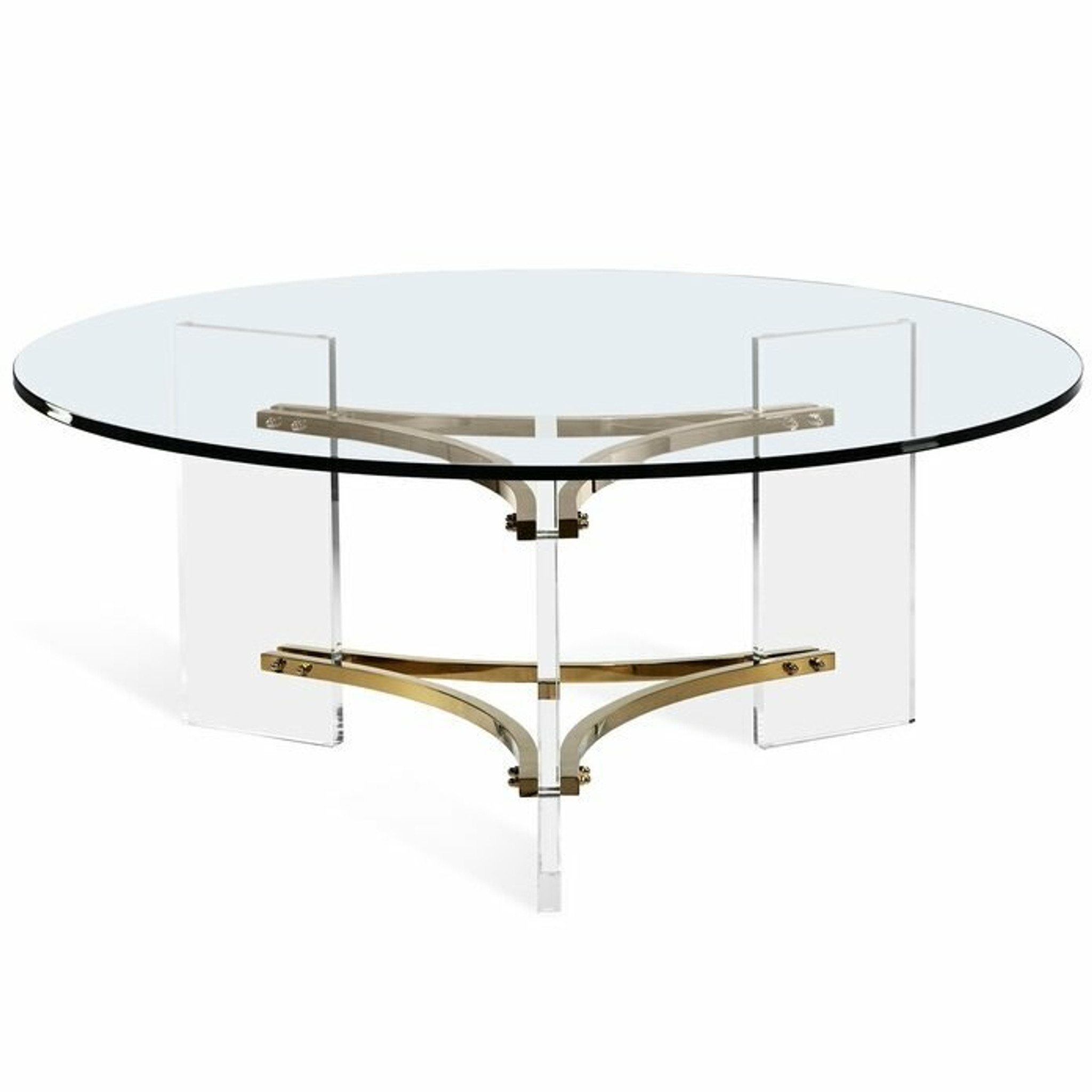 interlude home tamara 42 inch large round glass top modern lucite acrylic leg coffee table brass