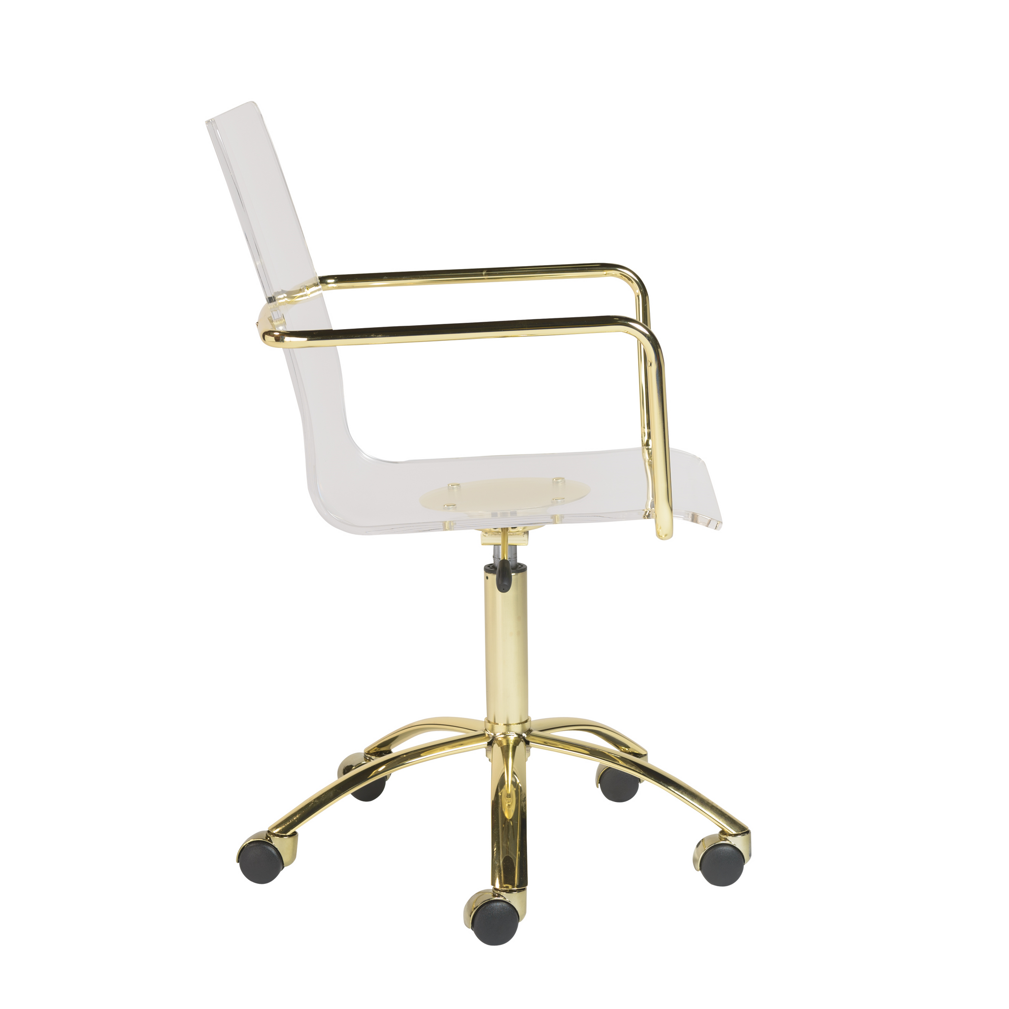 Clear Desk Chair With Gold Metal Clear Home Design Brimming with a modern flair, it features a streamlined scoop seat crafted from acrylic in a transparent tone. clear desk chair with gold metal
