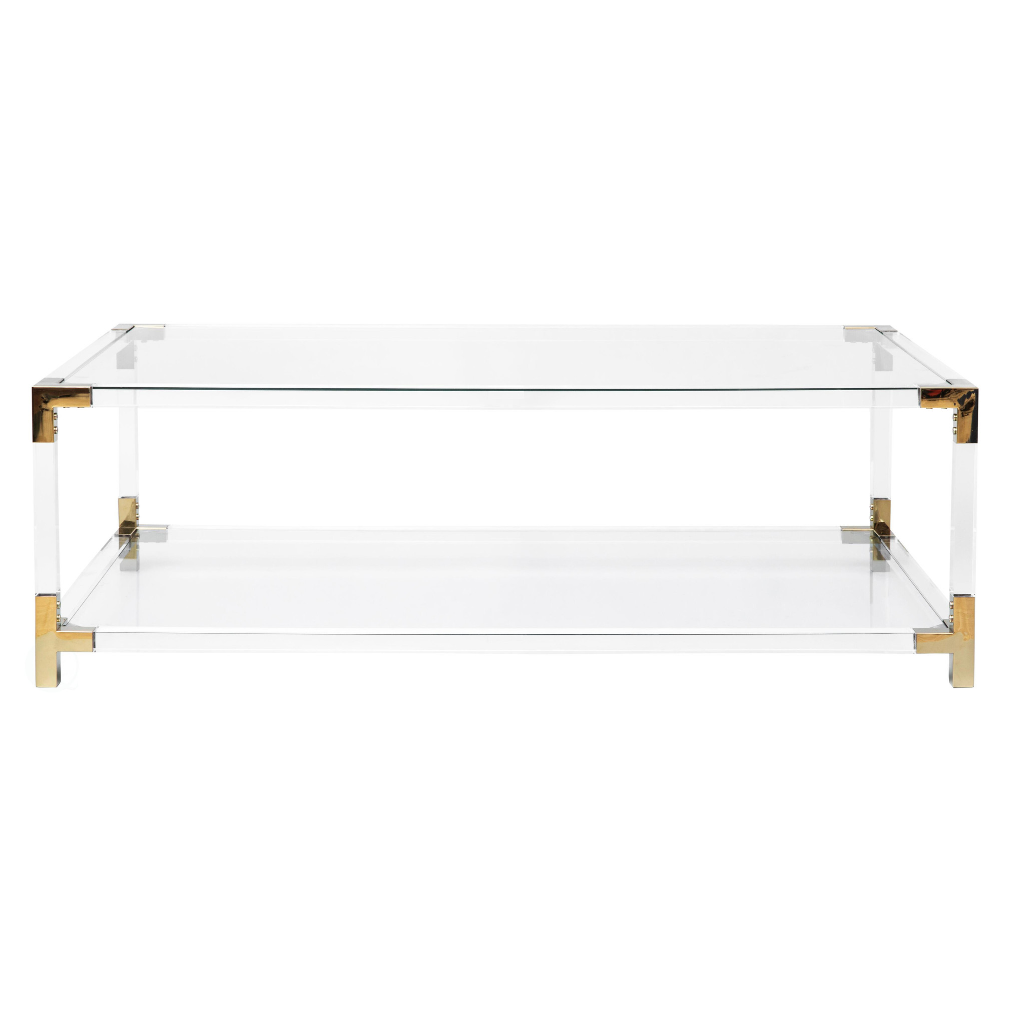Clear Rectangular Acrylic Modern Gold Metal Coffee Table with Tempered Glass and Shelf
by Bold Tones