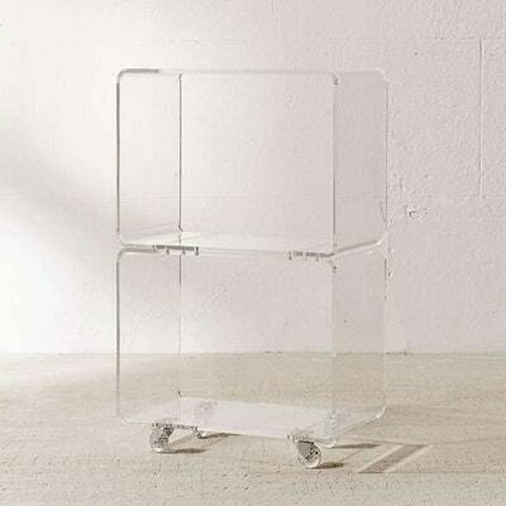 clear acrylic lucite rolling low bookcase tv media stand