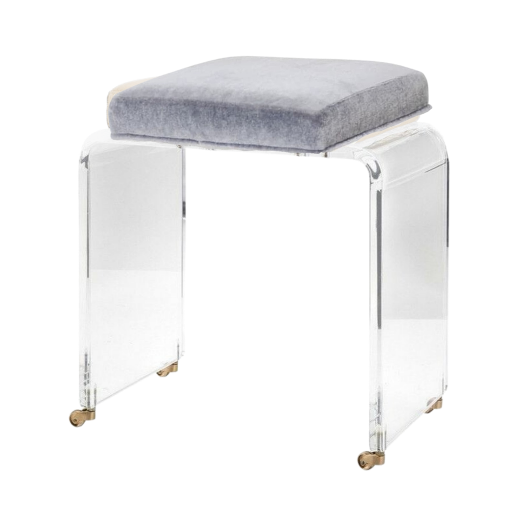 Lucite Vanity Stool with Velvet Seat and Gold Wheels,