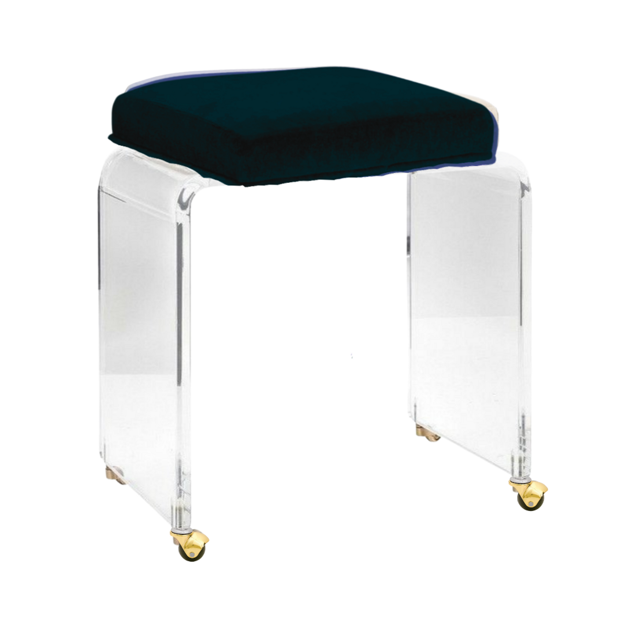 Lucite Vanity Stool with Velvet Seat and Gold Wheels,