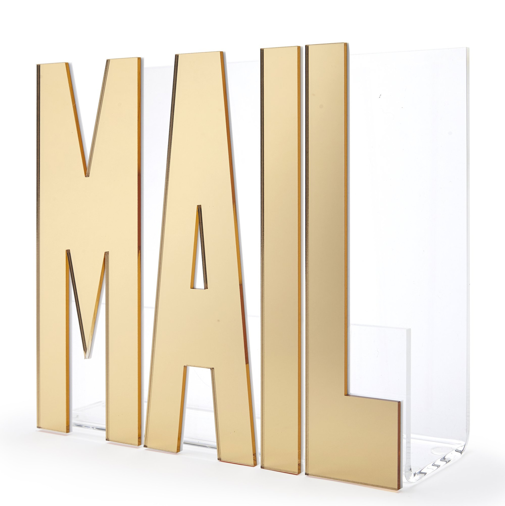 modern clear acrylic lucite gold metallic mail organizer bin holder
