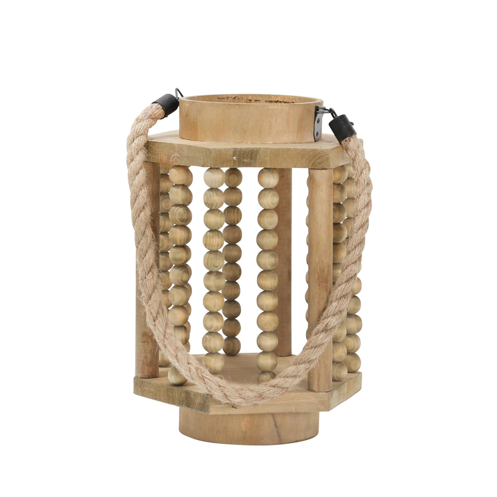 Modern outdoor wood beads hurricane candleholder lanterns rope handle