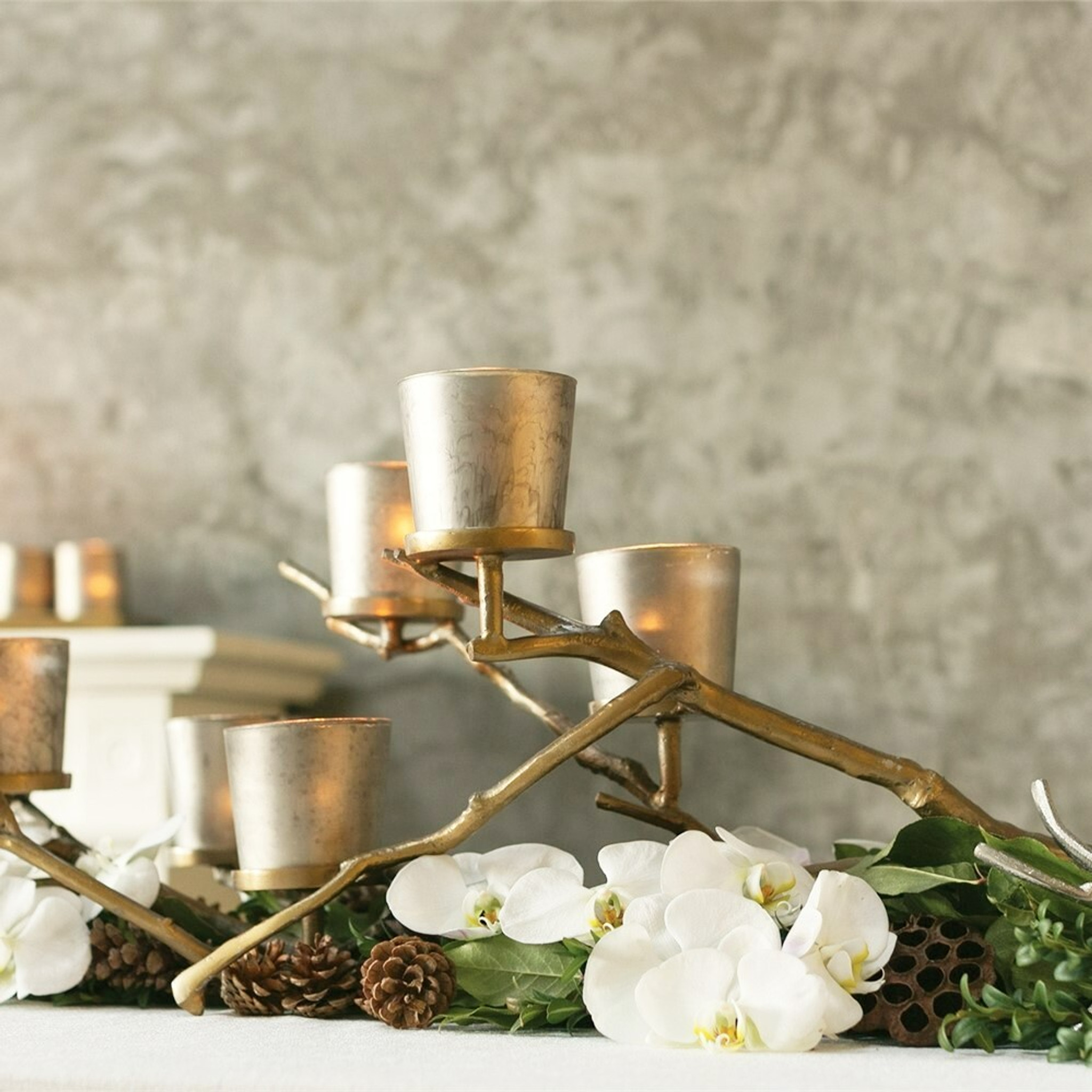 Modern Gold Metal Twig with Silver Glass Votives