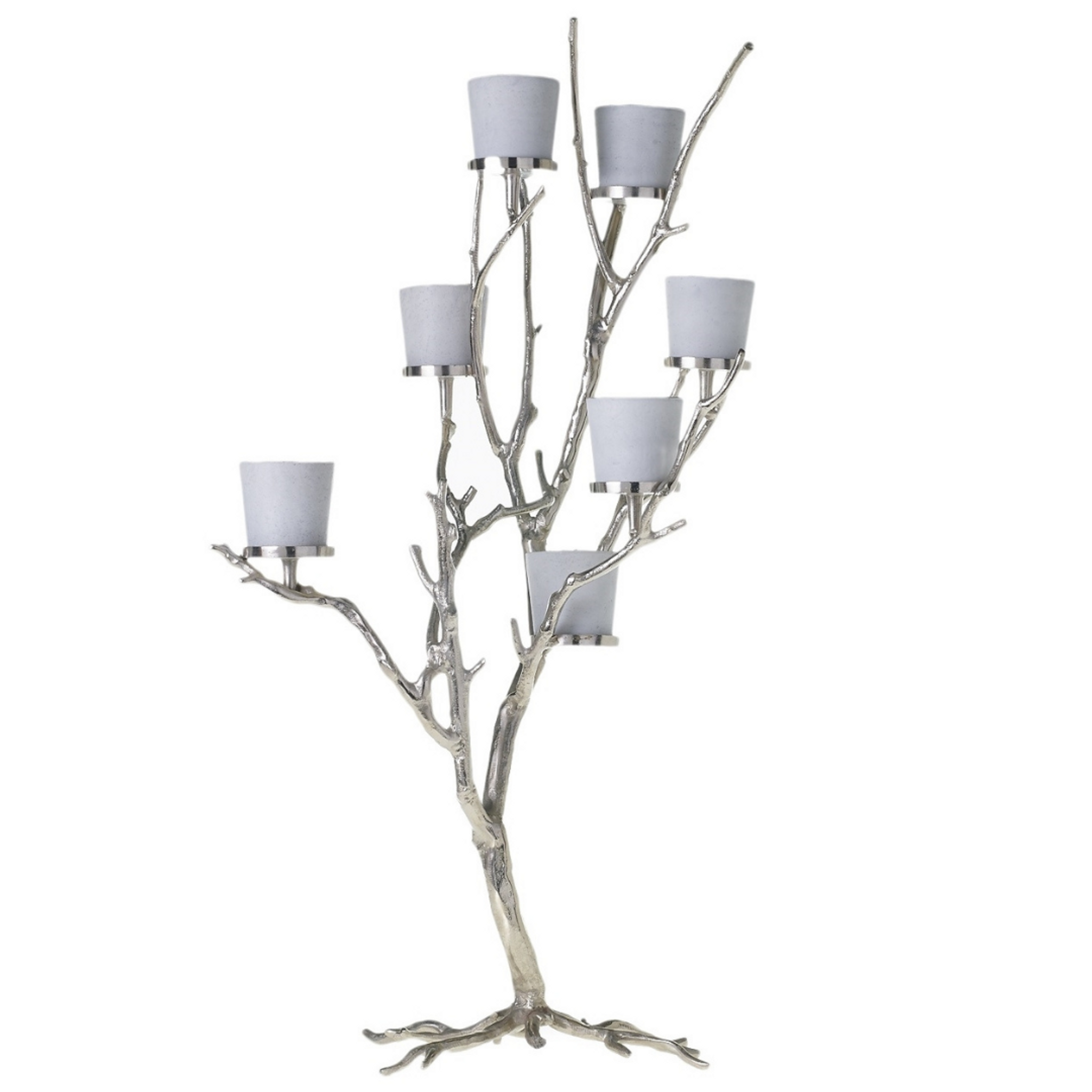 Modern Tall Silver Metal Tree with Silver Glass Votives