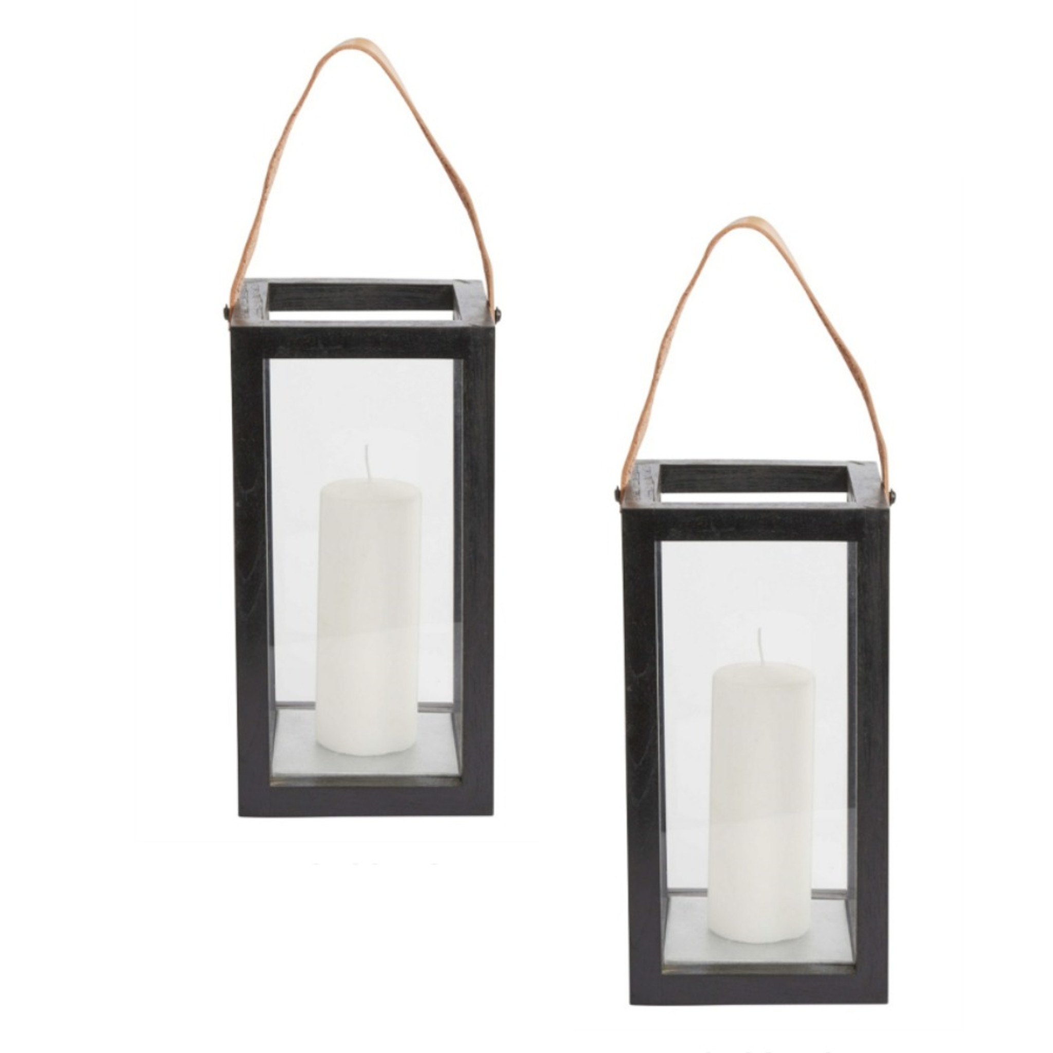 Black Wood with Leather Strap Candleholder Lanterns, Set of 2