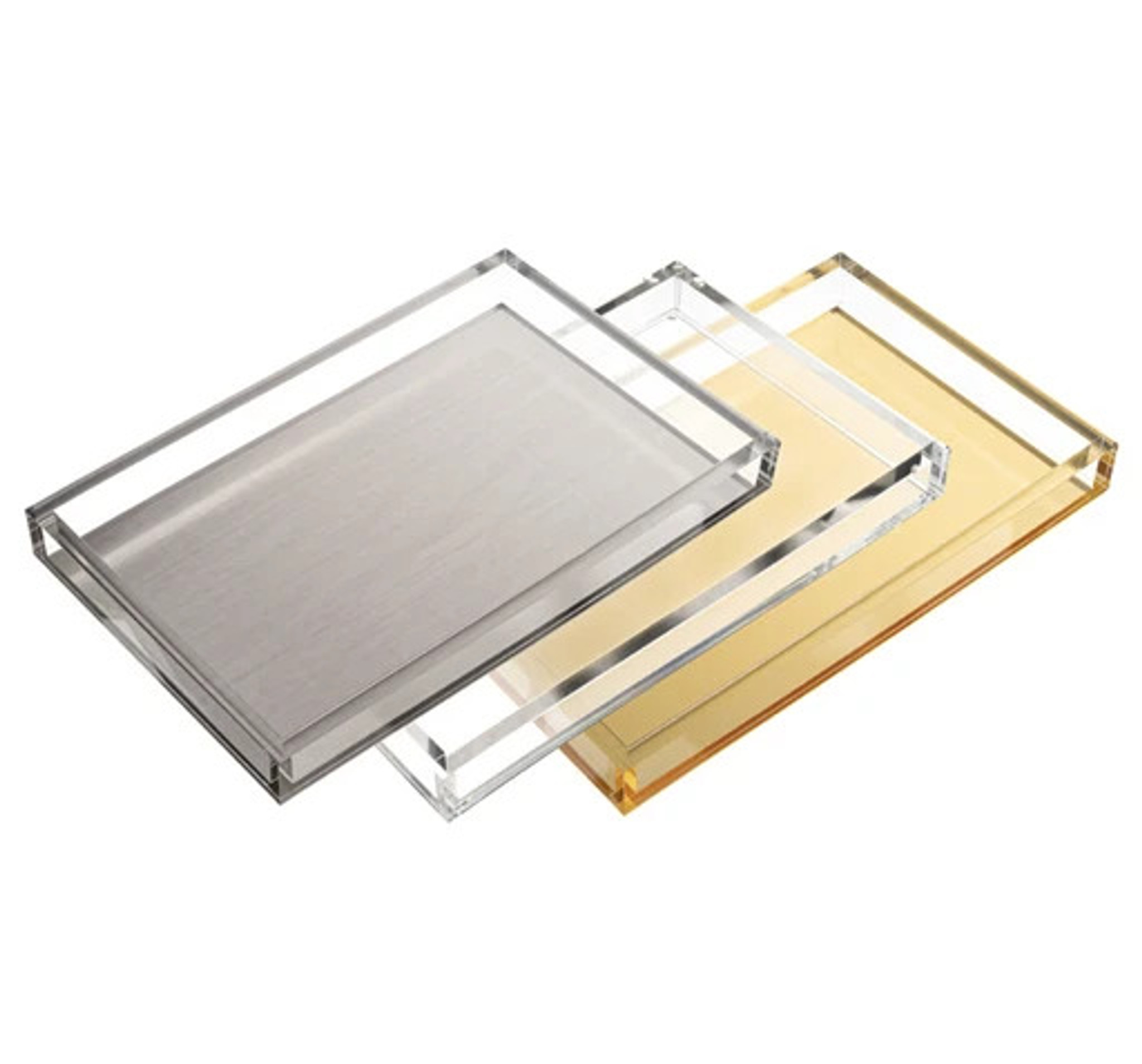 large silver and lucite serving tray with brushed nickel tizo