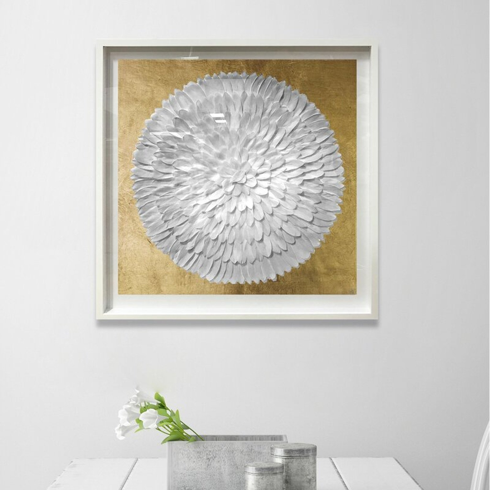 White Feathers Circle on Gold in Clear Shadow Box