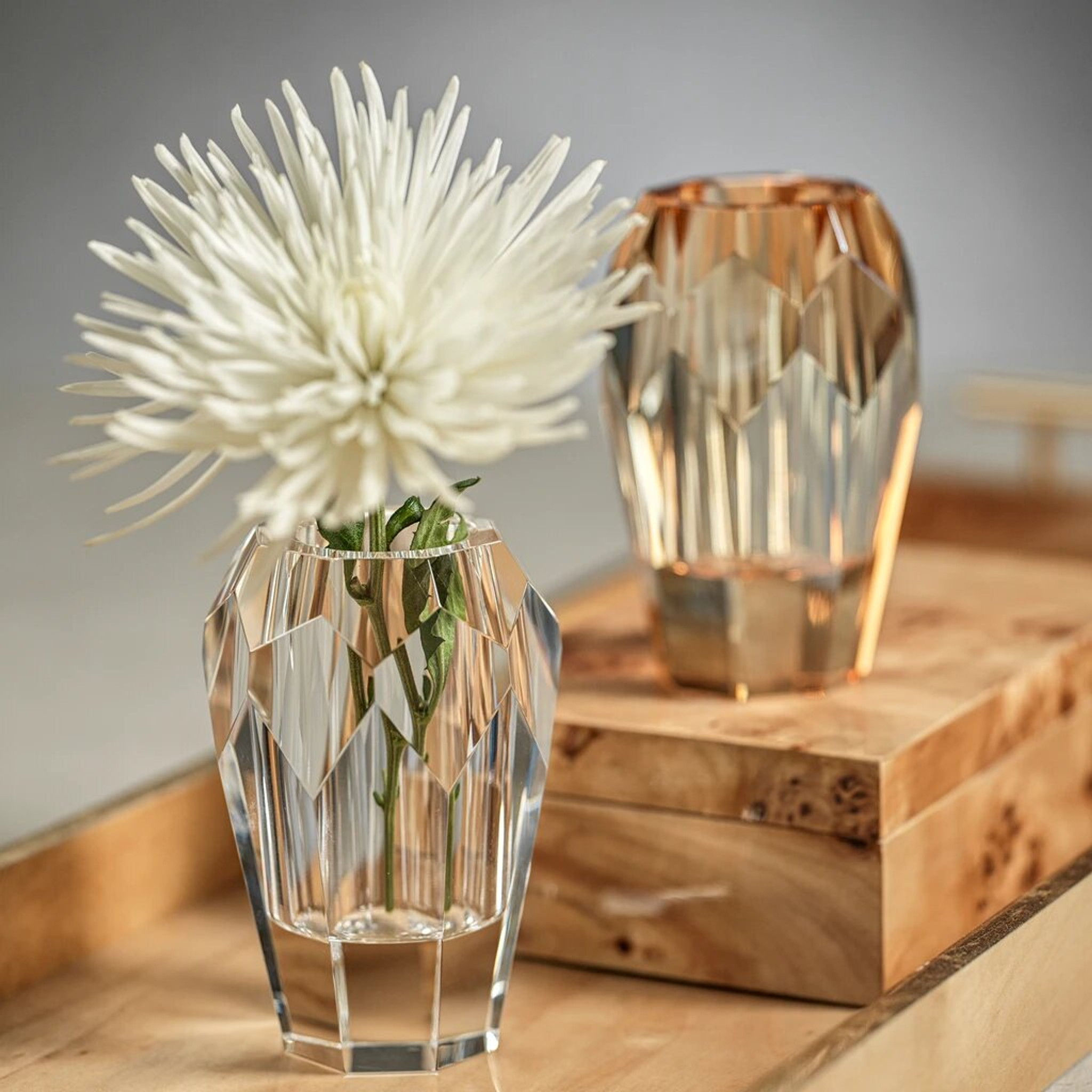 Thick Amber Crystal Facet Vases, Set of 2