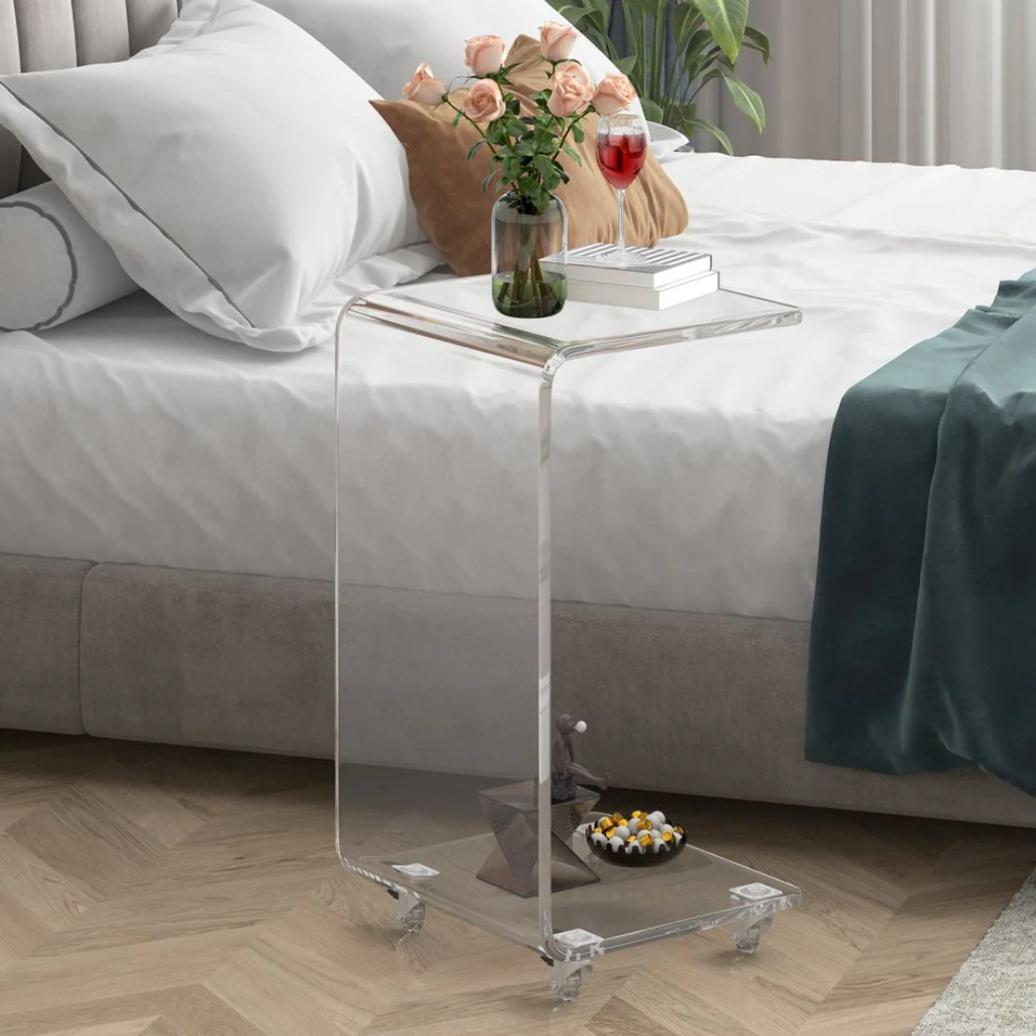 c shape lucite acrylic rolling side end table wheels moveable 
