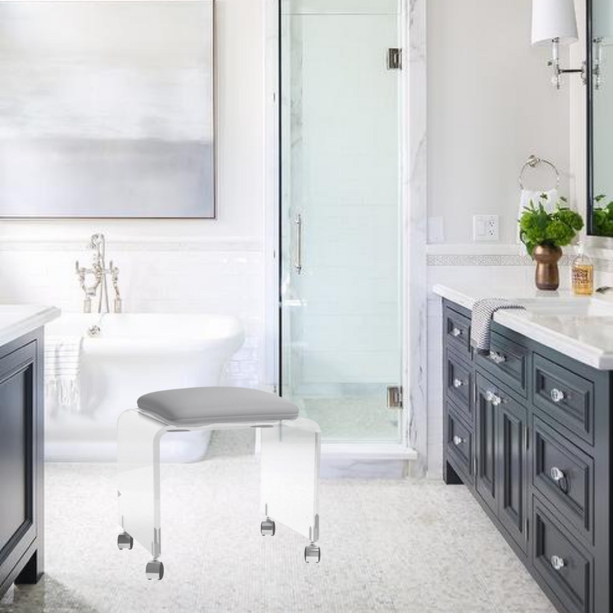 Lucite Vanity Stool with Vinyl Seat and Caster Wheels