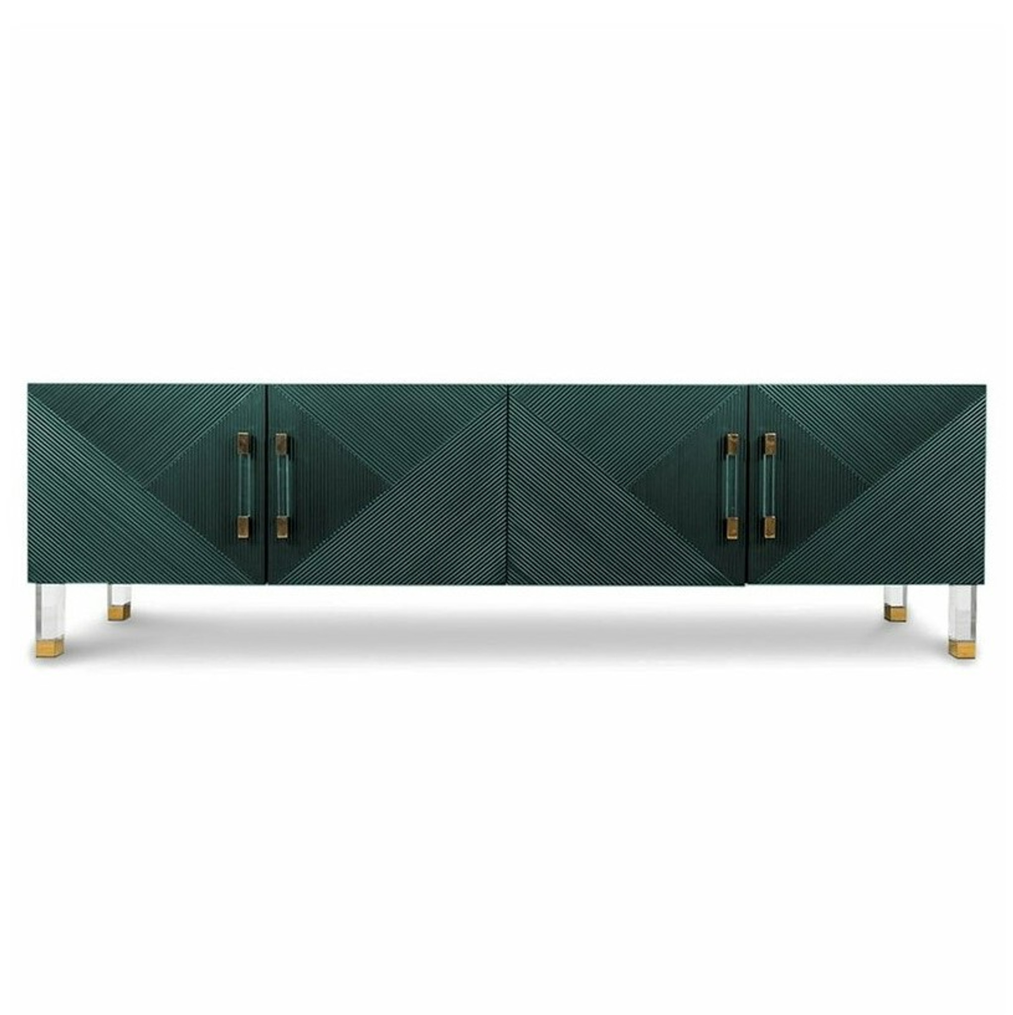 Green 4 Door Ribbed Credenza with Lucite Hardware