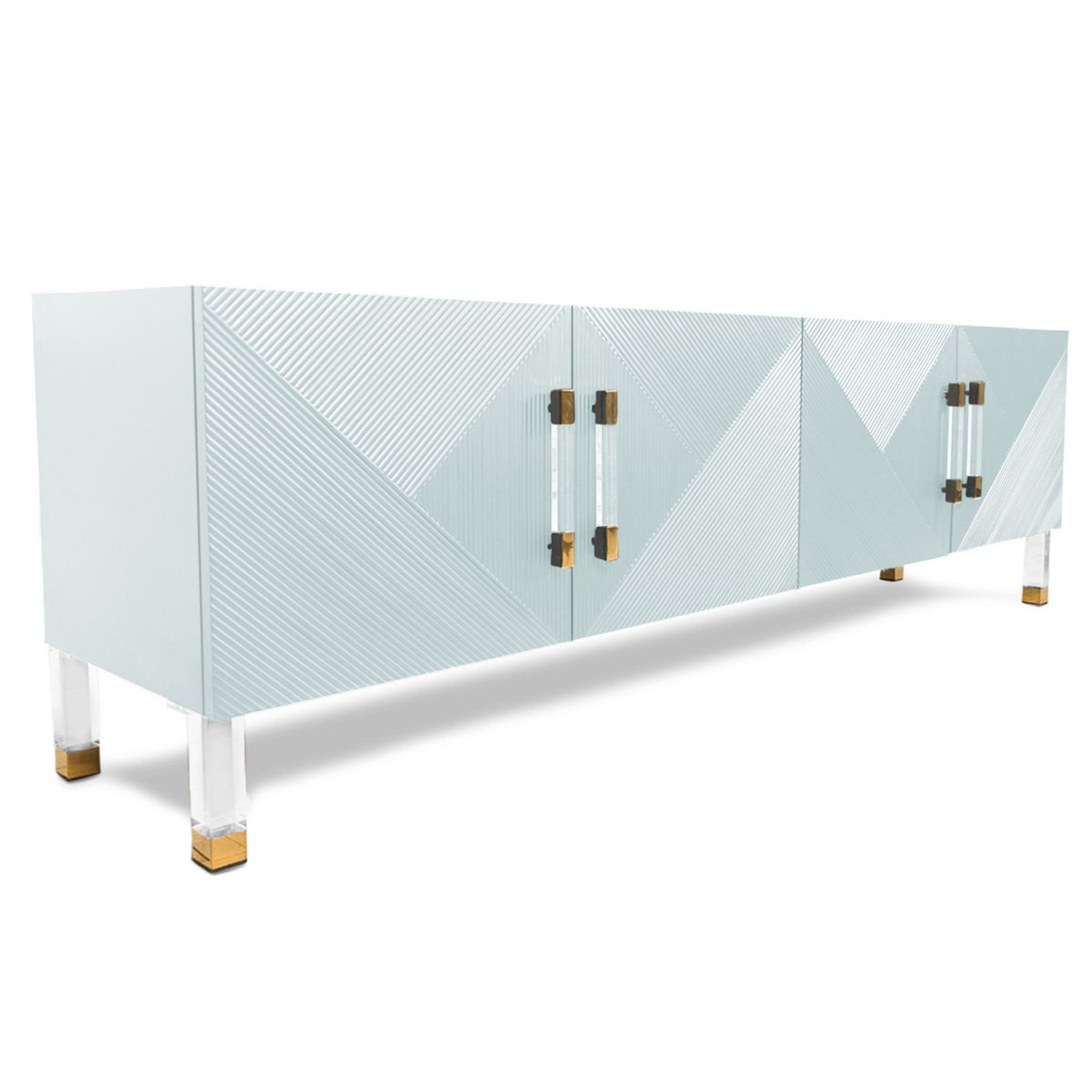 Pale Blue 4 Door Ribbed Credenza with Lucite Hardware