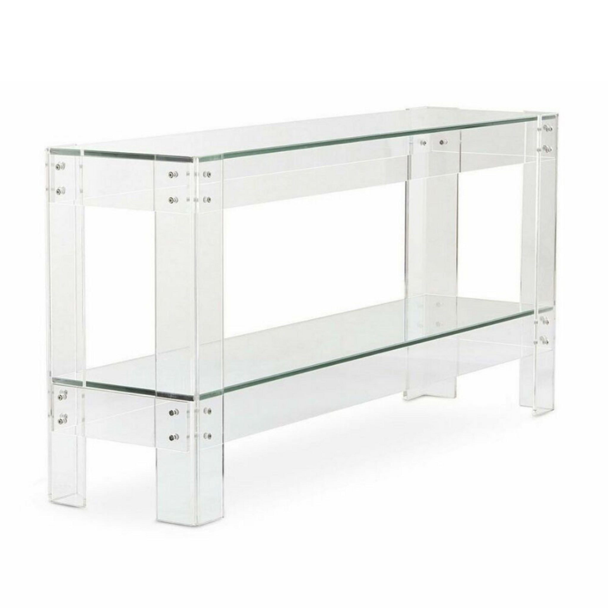 Clear Acrylic Console Table with Shelf & Metal Bolts