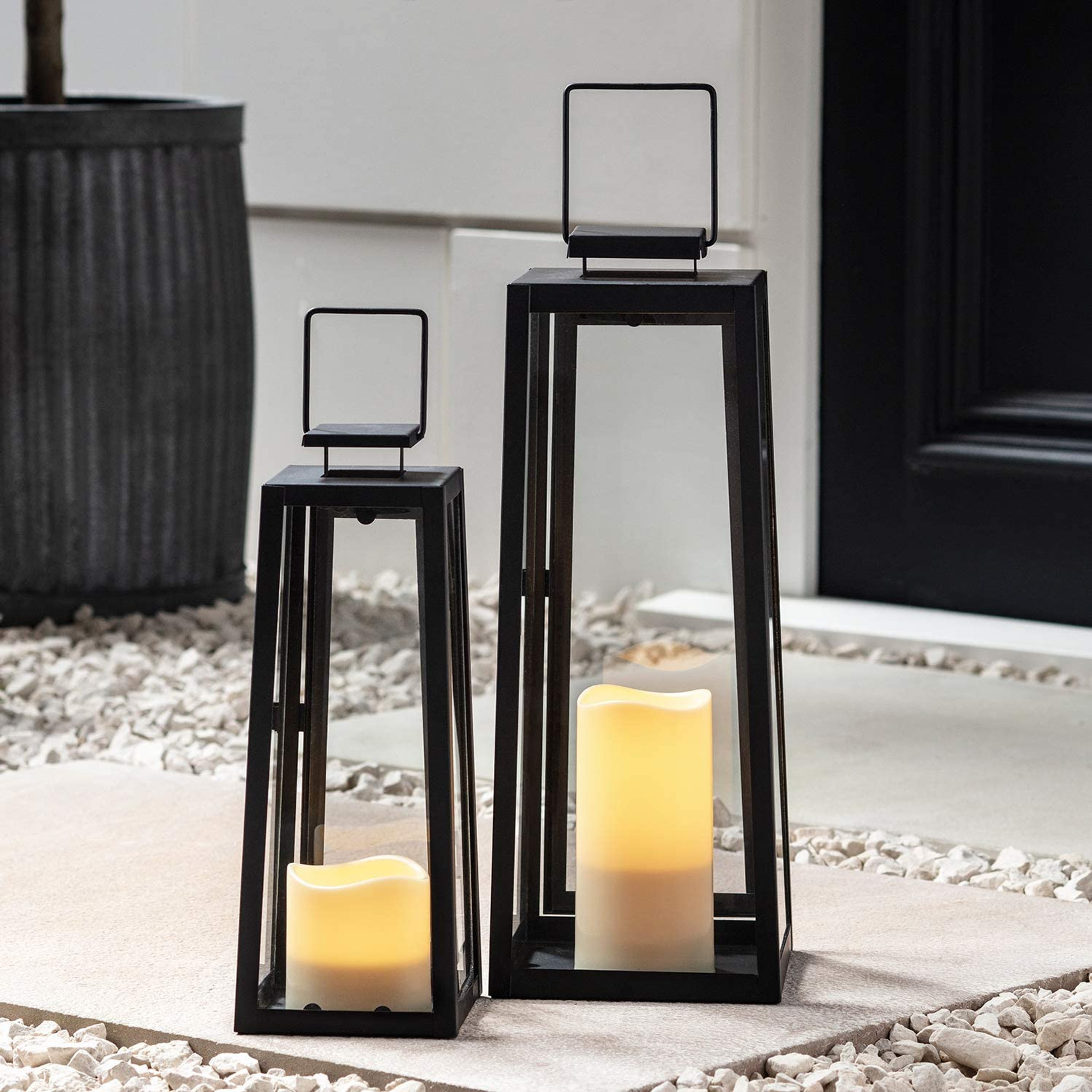 Black Metal Solar Candle Lanterns, Set of 2