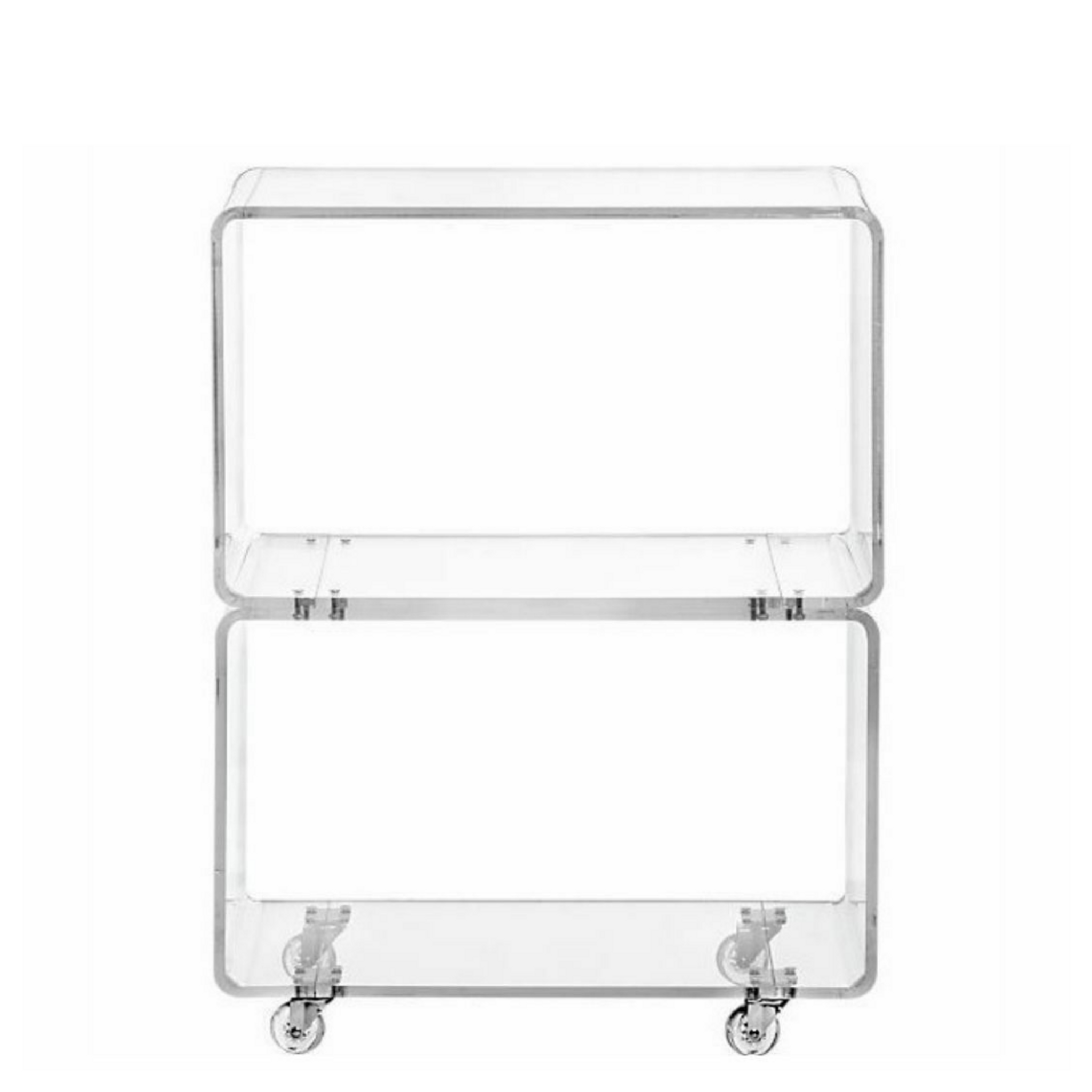 clear acrylic lucite rolling low bookcase tv media stand