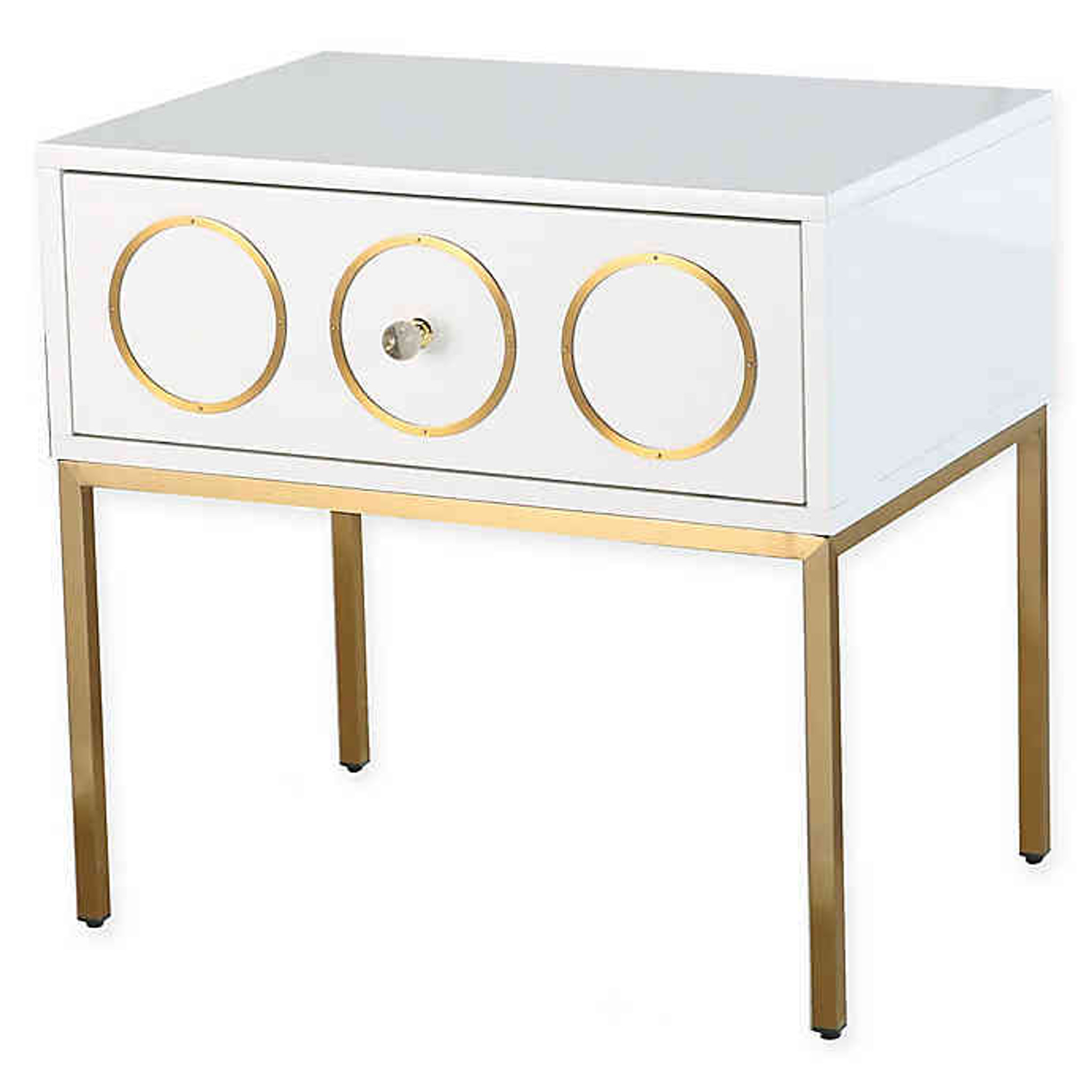 tov ella side table white nightstand one drawer storage gold legs