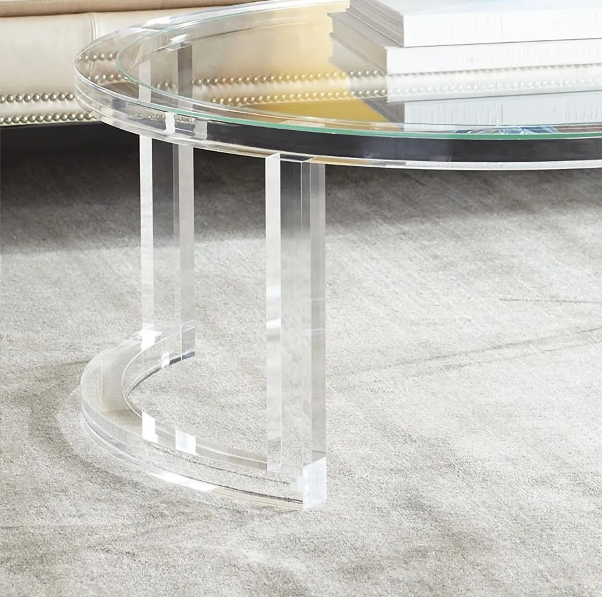 Modern Round Lucite Frame Coffee Table with Glass Top