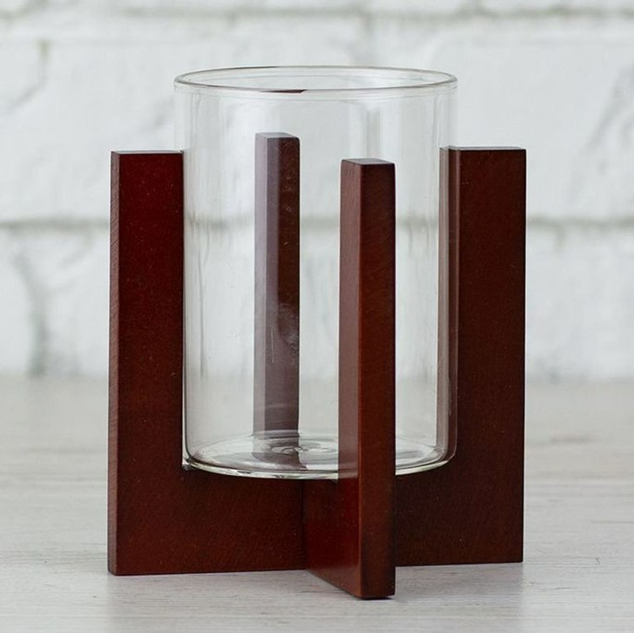 Clear Glass Modern Wood Raised Candleholder Set