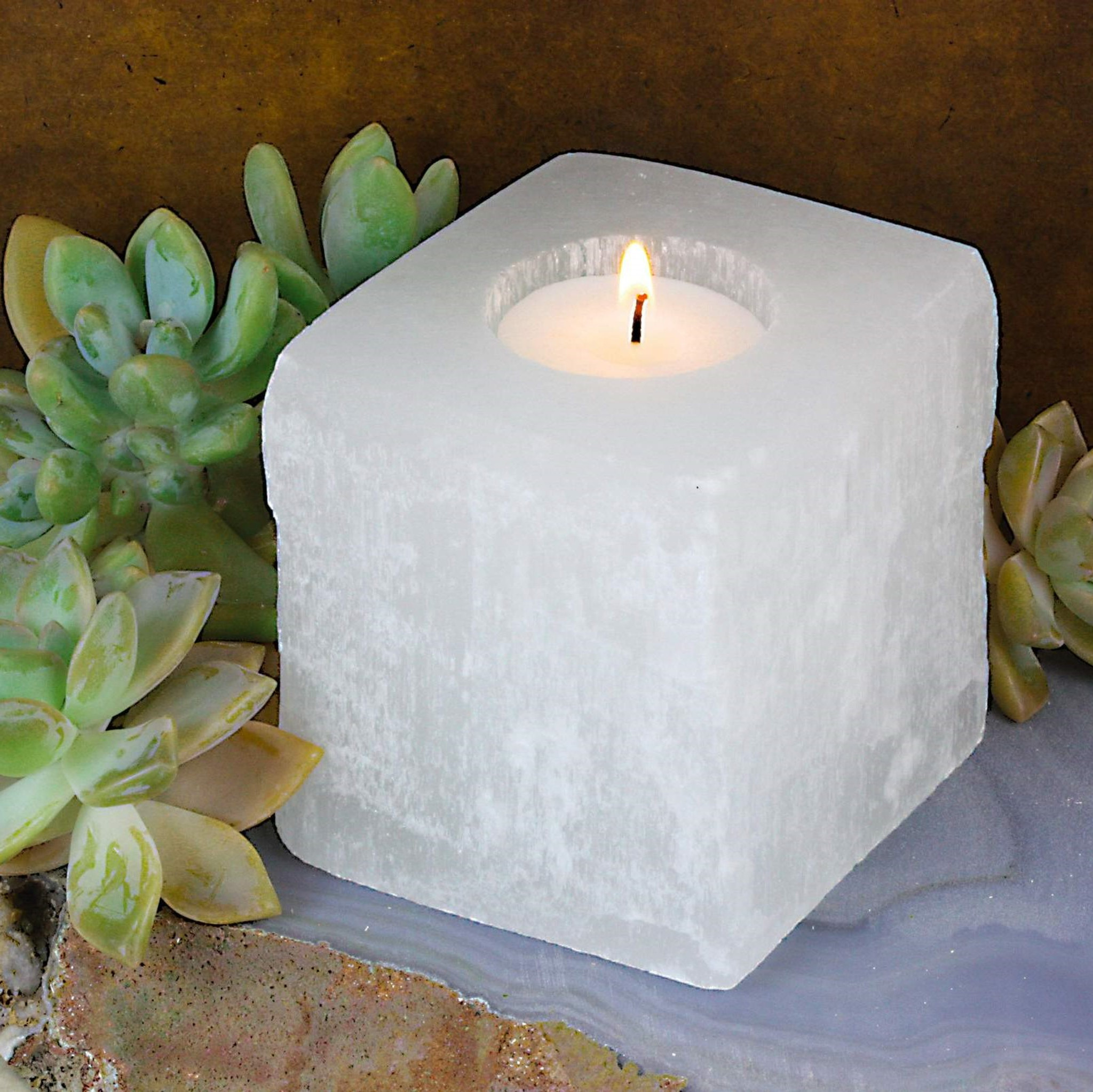 Set of 4 Square Selenite White Crystal Votive Candleholders