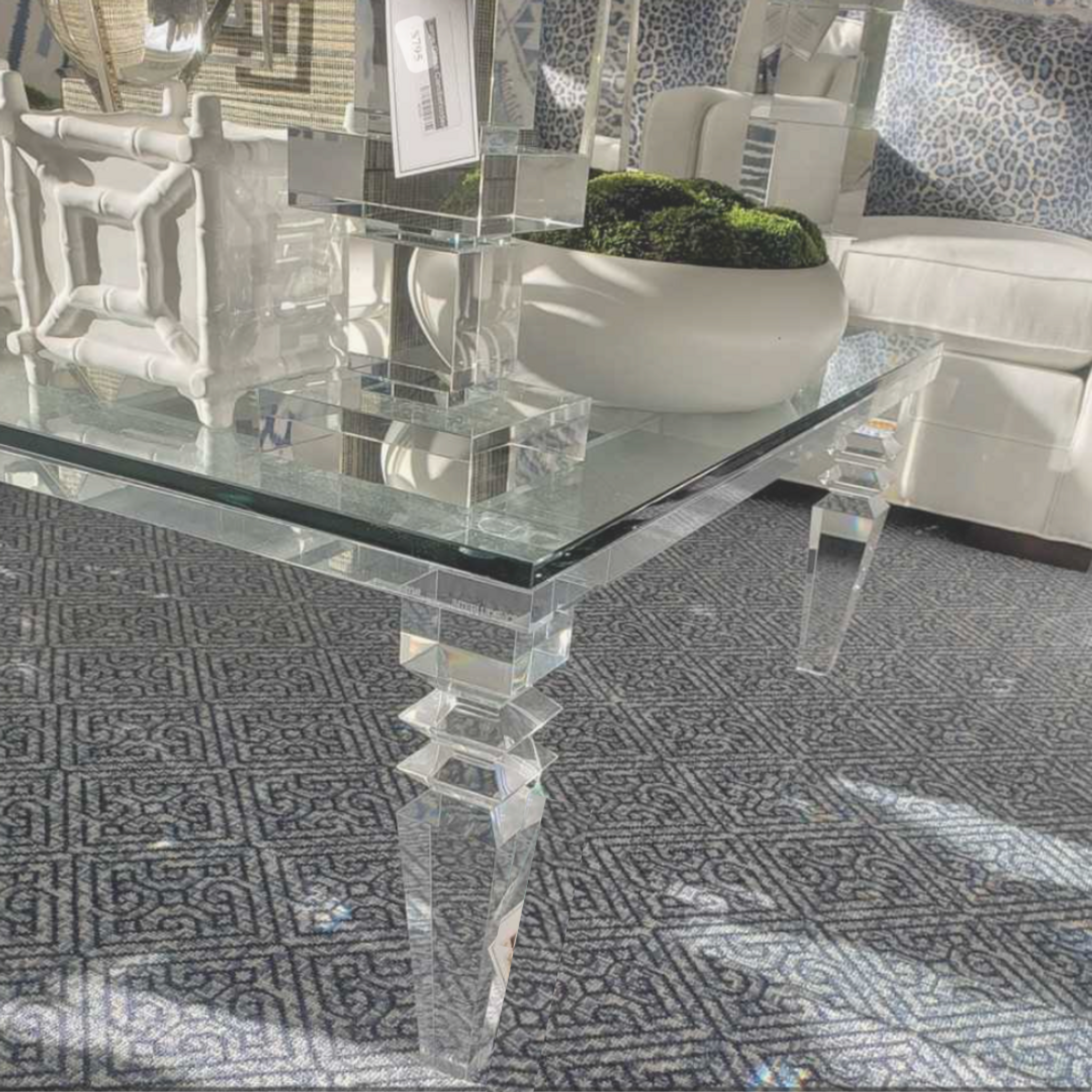 lucite clear acrylic chunky leg square glass top coffee table