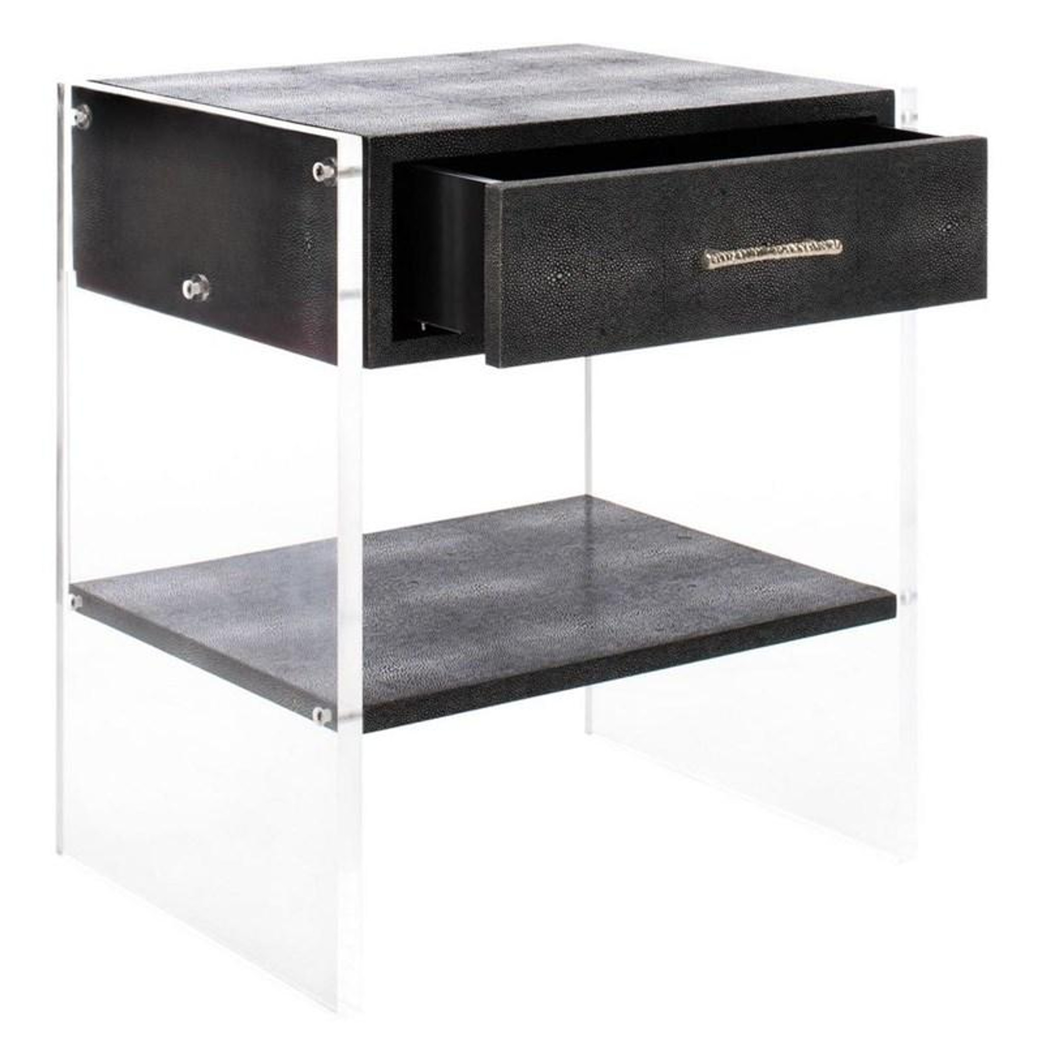 Black Faux Shagreen 1 Drawer Nightstand with Lucite Legs