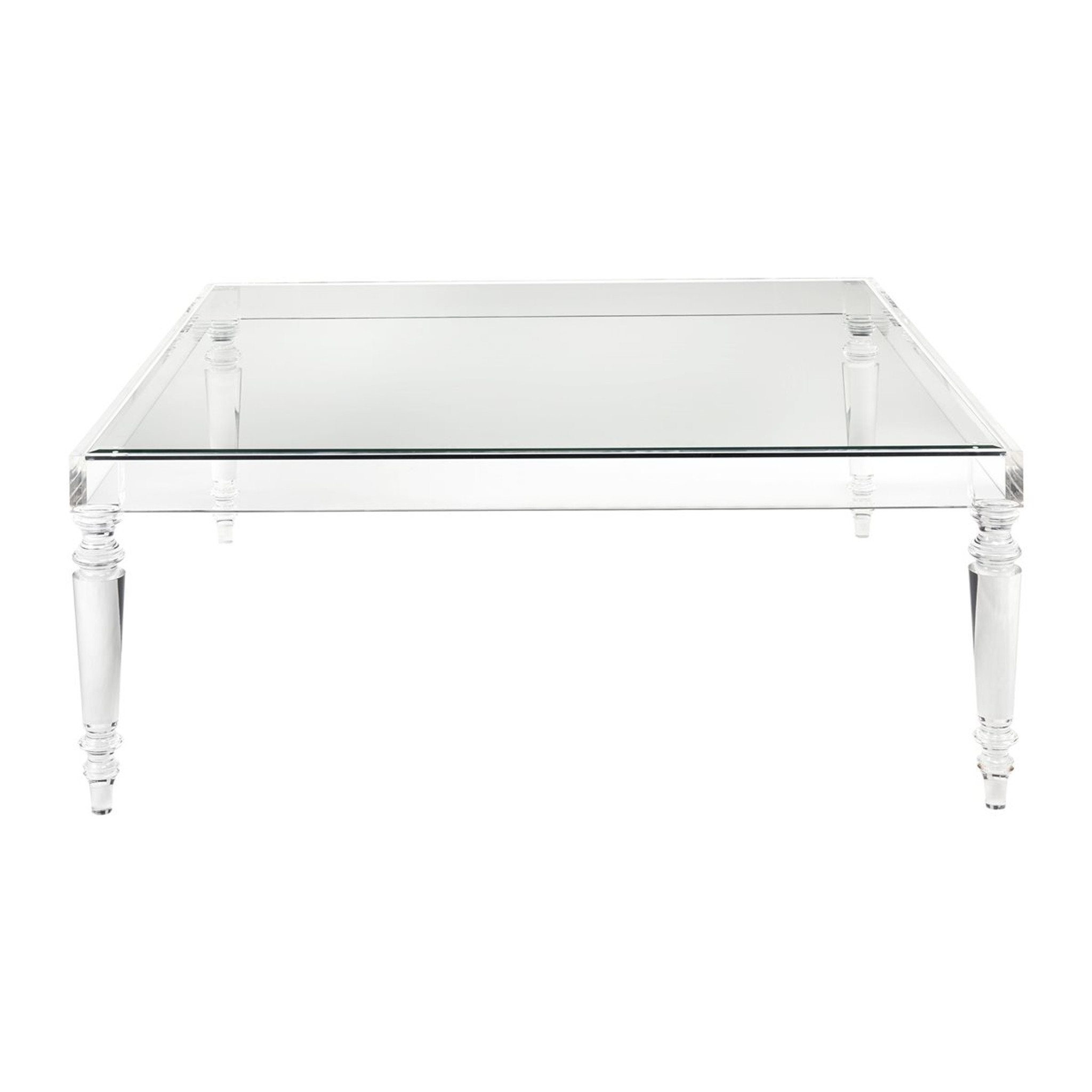 Classic Lucite Turned Leg Square Coffee Table with Glass Top
